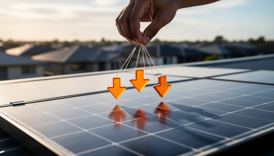 Rooftop solar panels lit by late-afternoon side light while a silhouetted hand controls bright orange upvote arrow icons on strings above them; blurred neighborhood rooftops and sky in the background, conveying manipulated online reviews in the solar sector.