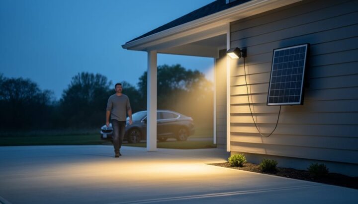 Motion-activated solar flood light under a home’s eave illuminates a driveway at dusk as a person walks in; separate solar panel on a sun-facing wall connected by cable, with house facade, trees, and a parked car in the background.