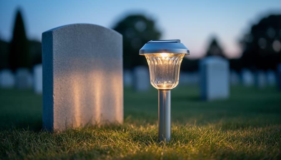 Close-up of a sturdy solar memorial light with tempered glass glowing next to a grave marker at dusk, warm amber illumination against cool blue evening tones, with softly blurred headstones and trees in the background and no legible inscriptions.