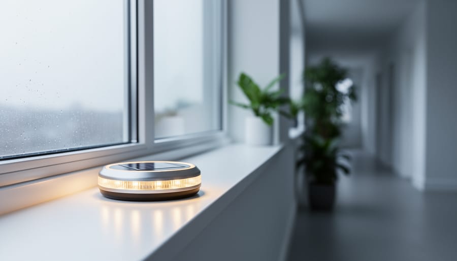 A glowing solar disk light placed on an indoor windowsill near a bright window, showing warm sustainable illumination inside the home.
