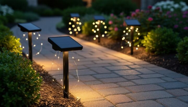 Warm-glowing solar firefly stake lights placed along a garden walkway at dusk with blurred greenery in the background.