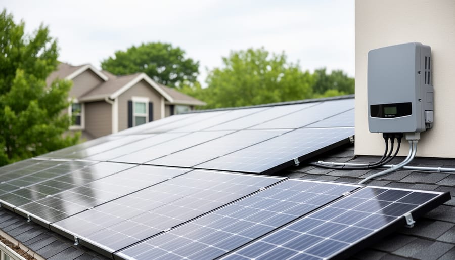 Solar panels installed on a residential rooftop with an inverter unit, captured in clear daylight.