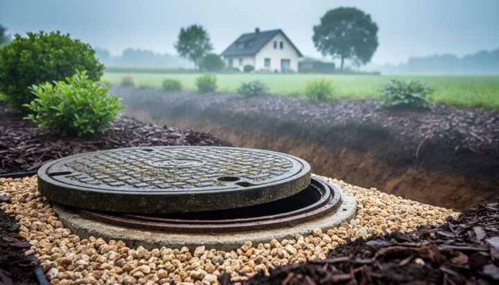 Septic tank inspection lid open beside a garden, with soil and landscaped greenery in soft background blur under natural overcast light.