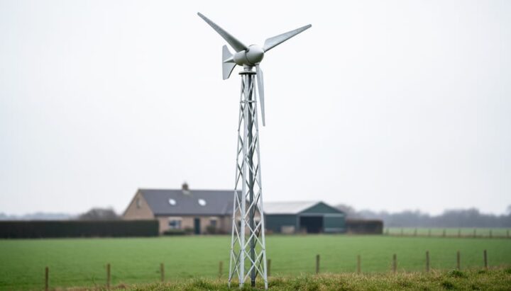 “Small residential wind turbine on a tall metal tower near a home, photographed from ground level looking up.”