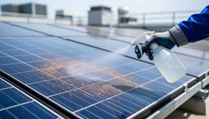 A gloved technician spraying an iron fallout remover onto a solar panel glass surface showing metallic orange-brown speckling.