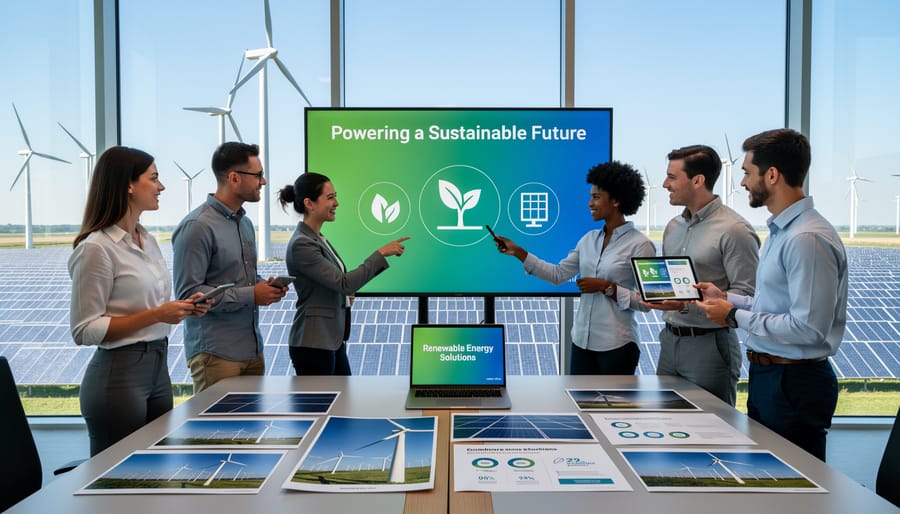 Solar panels and wind turbines in renewable energy installation on green landscape