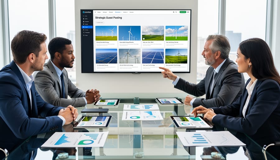 Business professional working on laptop with renewable energy materials on desk