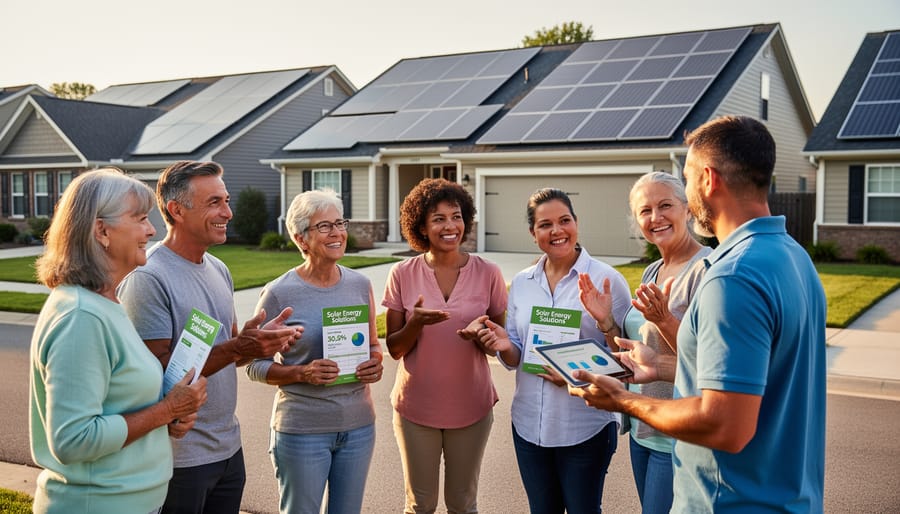 Community members having authentic discussion with solar panels on building in background