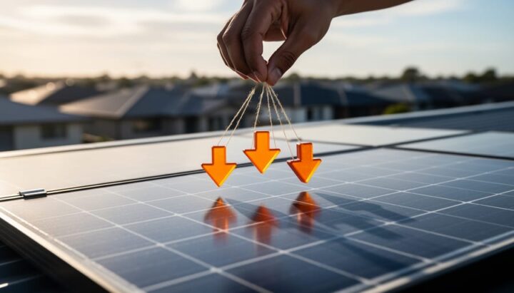 Rooftop solar panels lit by late-afternoon side light while a silhouetted hand controls bright orange upvote arrow icons on strings above them; blurred neighborhood rooftops and sky in the background, conveying manipulated online reviews in the solar sector.
