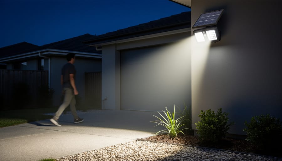 Solar flood light with motion sensor activated and illuminating residential driveway at dusk