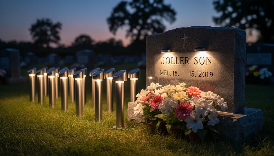 Solar-powered memorial light glowing at dusk in peaceful cemetery setting