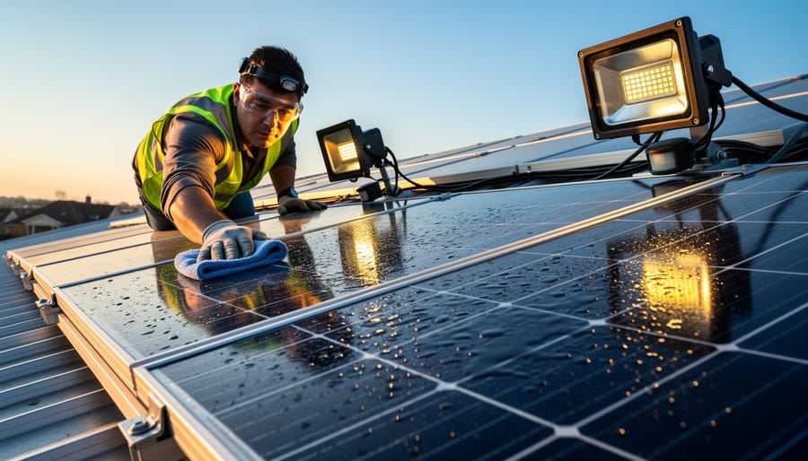 Hand cleaning solar panel surface with cloth showing water droplets and maintenance