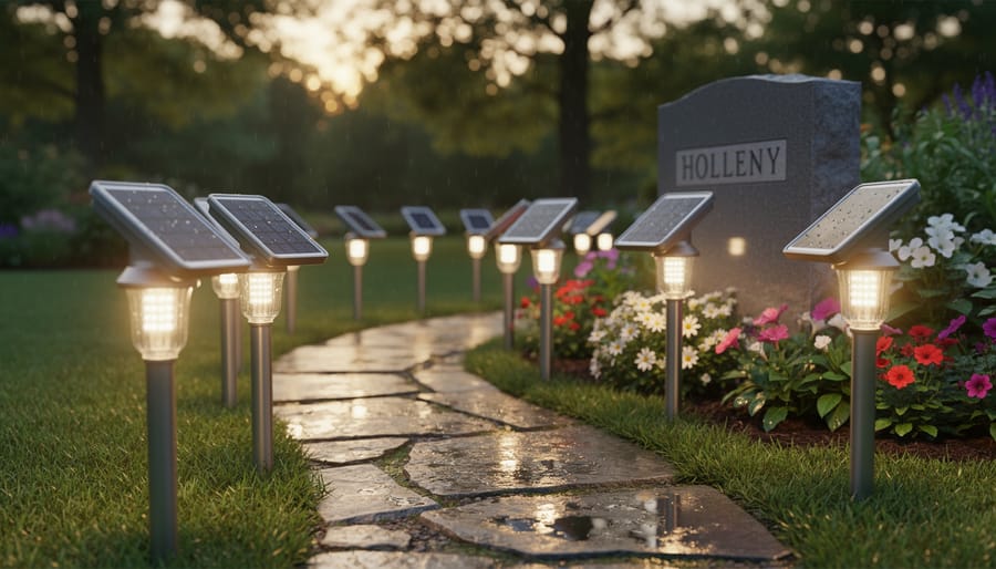 Close-up of solar memorial light showing photovoltaic panel and weather-resistant construction