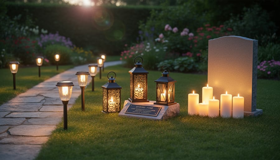 Variety of solar memorial lights displayed in garden memorial setting with flowers
