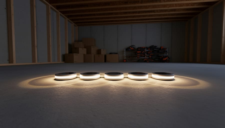 Warm-glowing solar disk light in a dim basement near a stairwell