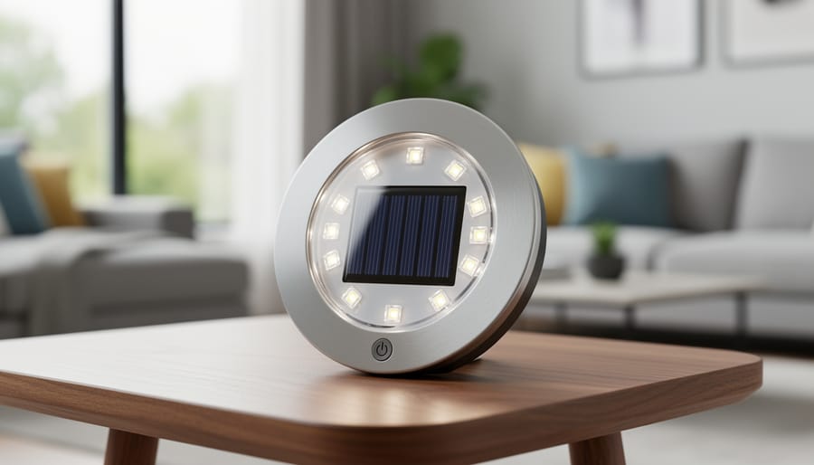 Close-up of a solar disk light unit on a garage workbench with indoor lighting