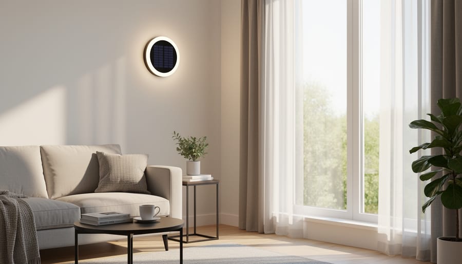 Solar disk light near a bright window in a modern living room with soft natural daylight