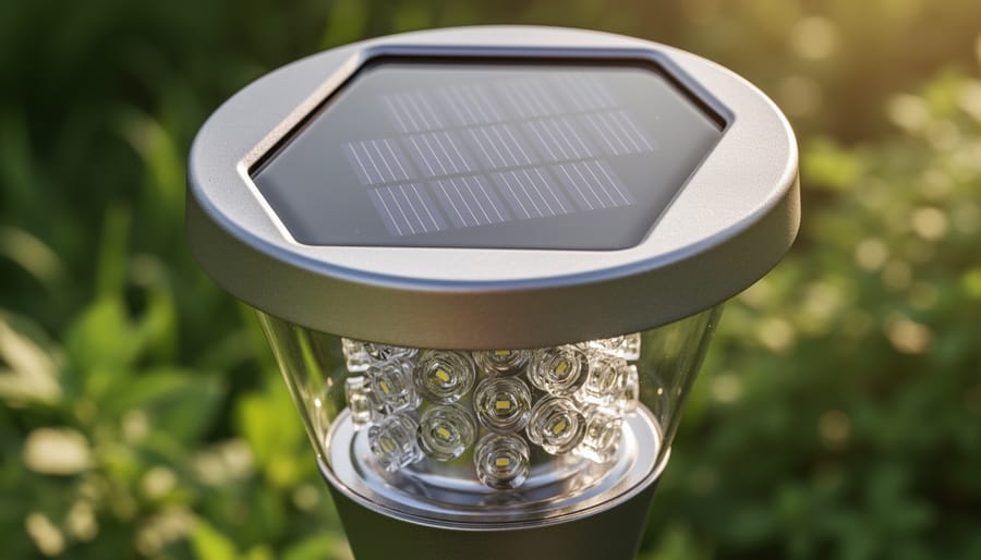 Close-up of a solar firefly light stake showing its solar panel and LED light area