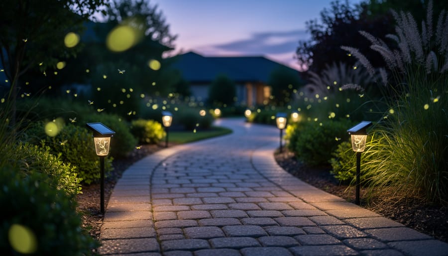 Four solar firefly light stakes glowing along a garden walkway at dusk