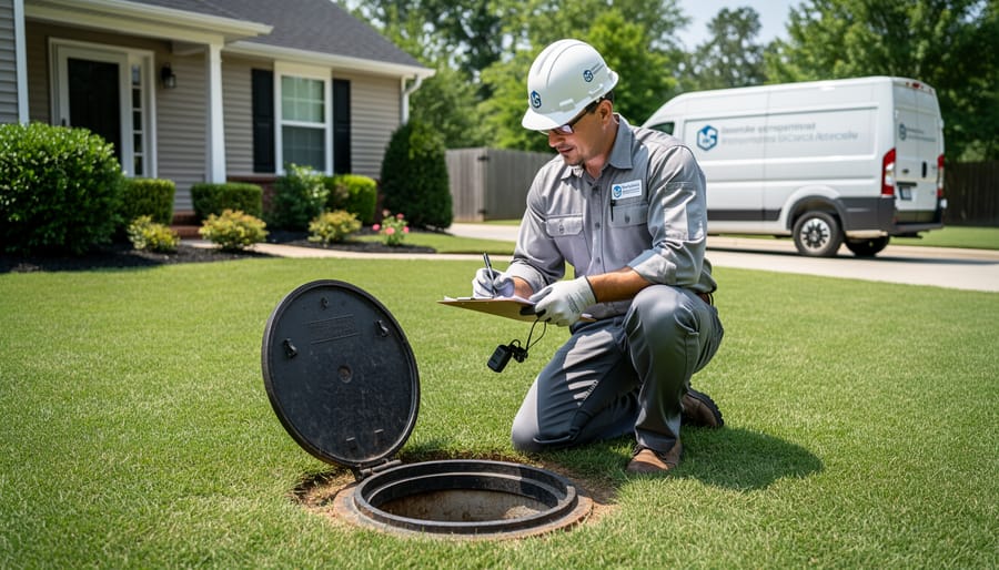 Inspection professional kneeling by a residential septic cleanout with protective gear