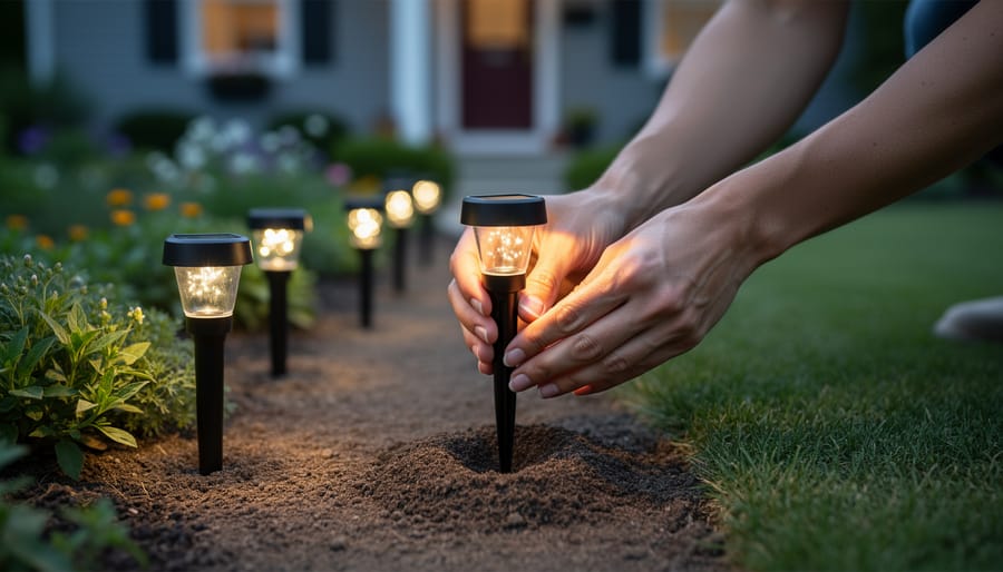 Person installing solar firefly light stakes into garden soil