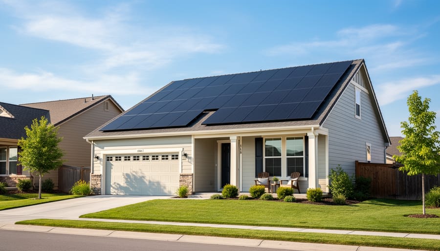 Residential roof with installed solar panels and visible inverters in a suburban neighborhood.