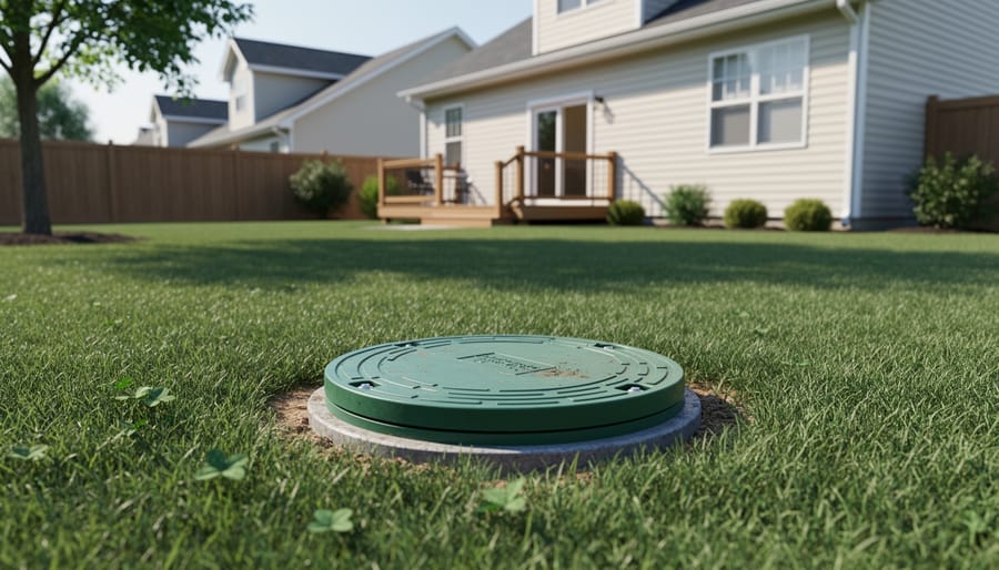 Residential yard showing a septic access/cleanout lid near the lawn and house foundation