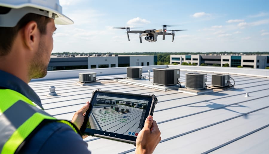 Solar installer on a ladder with a tablet while a drone is positioned for roof surveying.