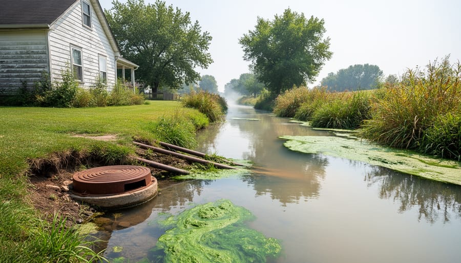 Stream bank with greenish algal growth on rocks and reeds