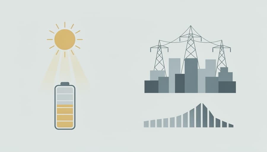 Off-grid style electrical equipment with a softly lit battery or inverter setup in a dim interior.