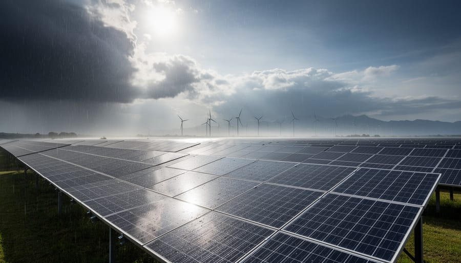 Solar panels near a home during changing weather with rain mist and clouds in the background.