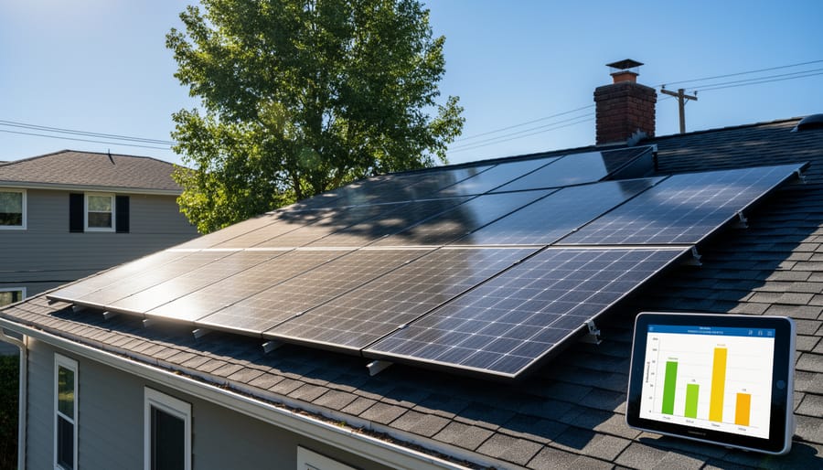 Solar panels on a home roof with partial shading from nearby tree branches.