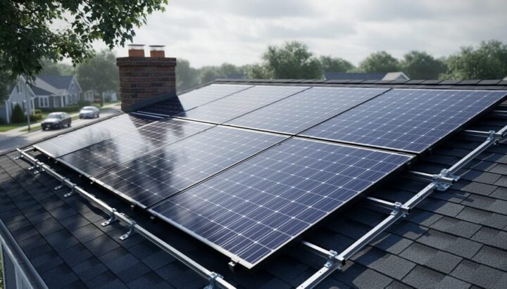 Solar panels installed on a residential rooftop with partial shade from nearby objects, illustrating how conditions can affect performance.