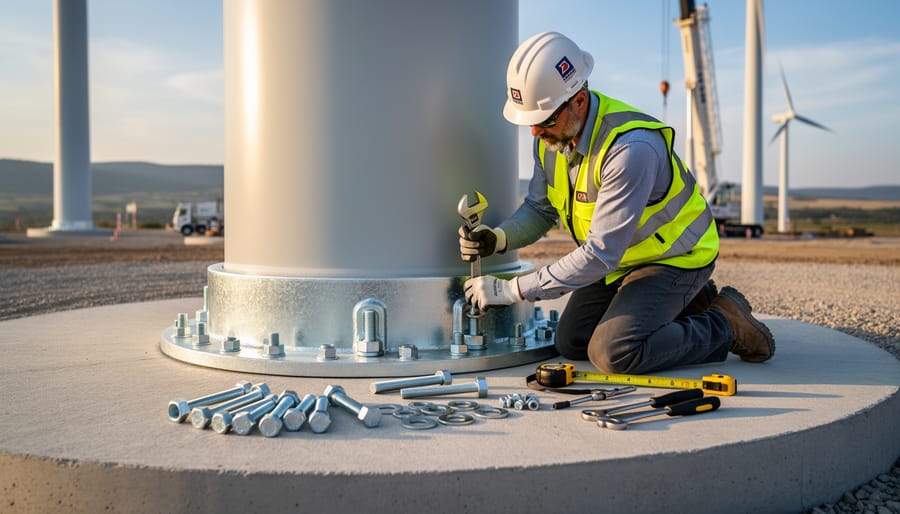 Torquing and drilling hardware near an anchor-bolt foundation for a small wind turbine