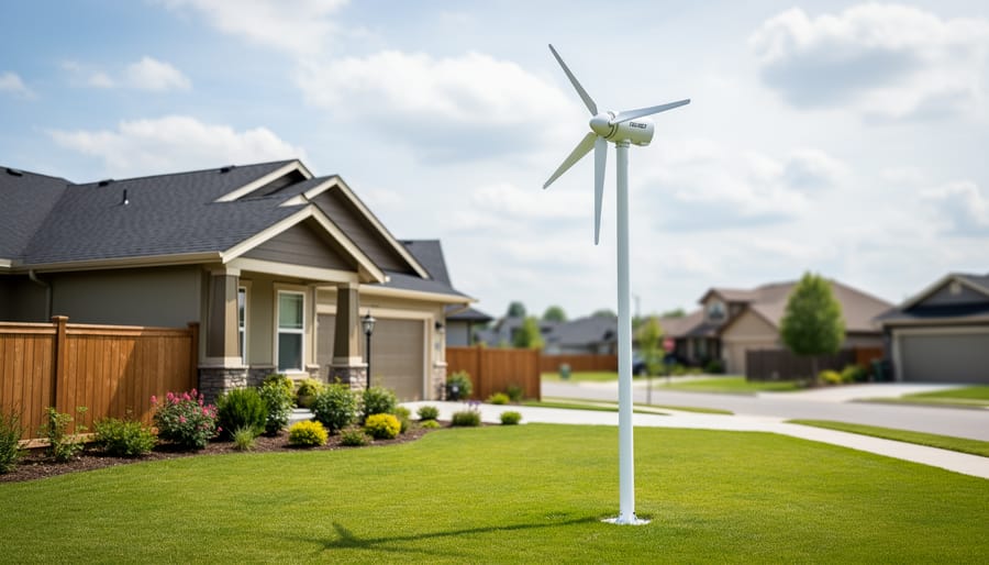 Small residential wind turbine mounted on a tower beside a house during golden hour