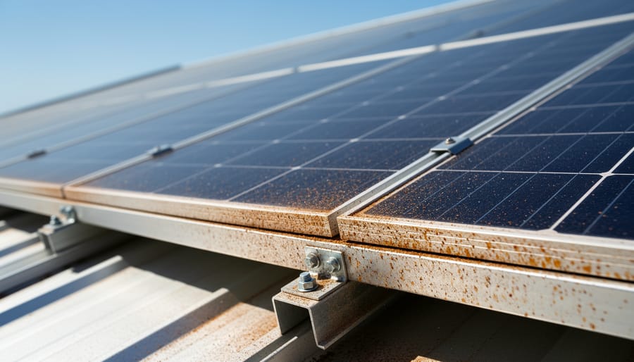 Rooftop solar panels with rust-colored iron fallout on the metal frame and edges