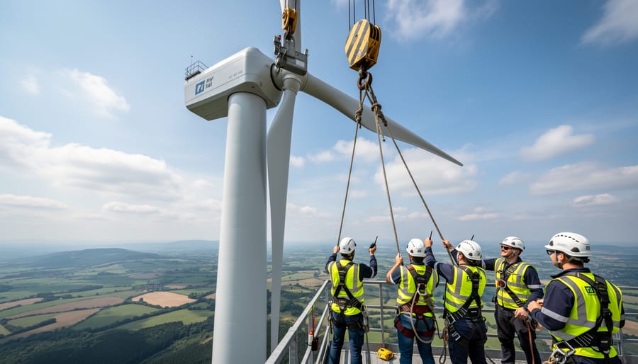 Helpers and lifting equipment raising a small wind turbine nacelle near the top of a tower