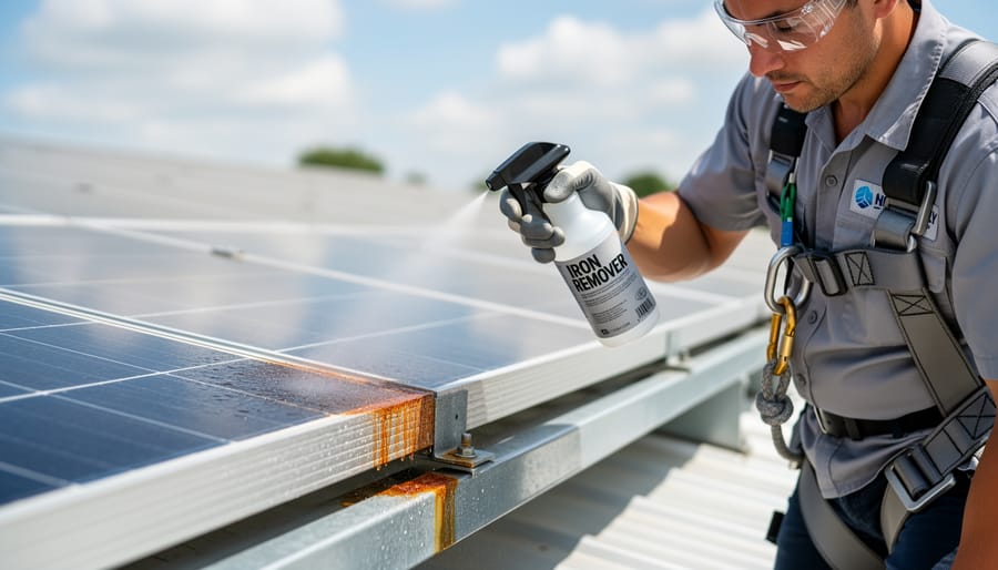 Technician spraying iron remover onto a solar panel metal frame while wearing gloves and safety glasses