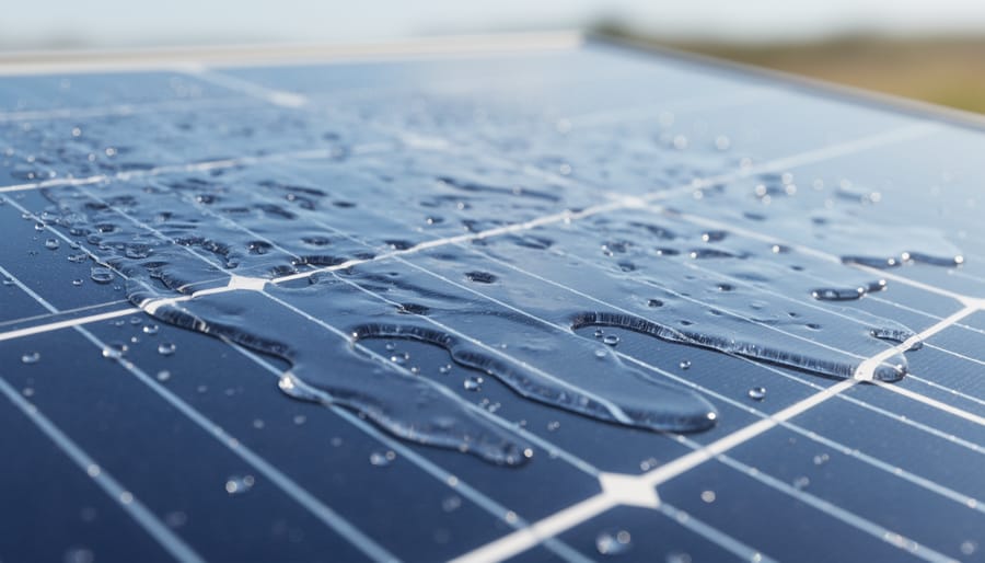 Macro close-up of water sheeting on clean solar panel glass after iron fallout removal