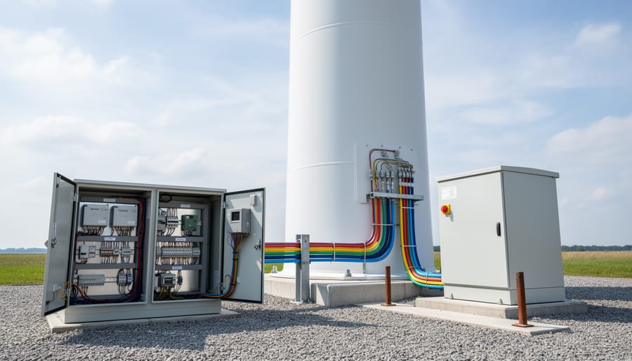 Close-up of weatherproof conduit and grounding hardware on a home exterior for a wind turbine system
