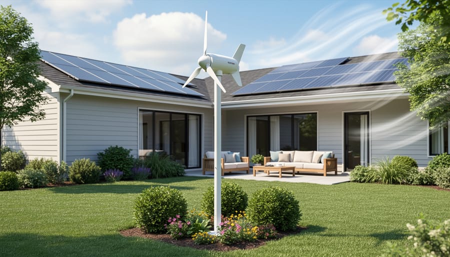 Three-blade home wind turbine installed on a tall mast in a backyard with renewable energy components nearby