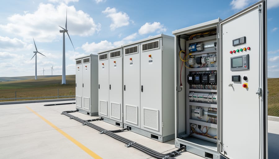 Battery bank and charge controller installed inside a weather-protected cabinet with neat wiring