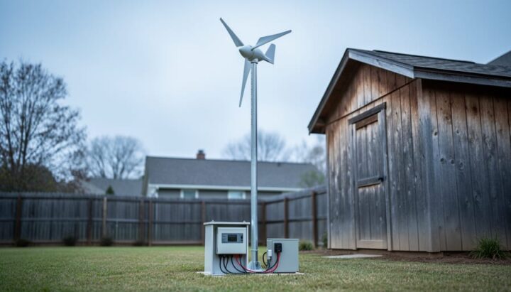 Small residential wind turbine mounted outdoors with connected battery bank and charge controller components in a home backyard setting.