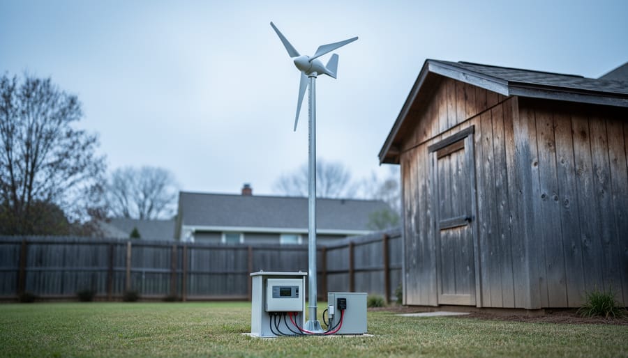 Small residential wind turbine mounted outdoors with connected battery bank and charge controller components in a home backyard setting.